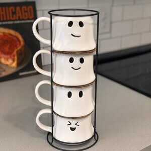 NEW Ceramic Ghost Mugs Mug Set of 4 Stacking Stackable White Stoneware Can hold